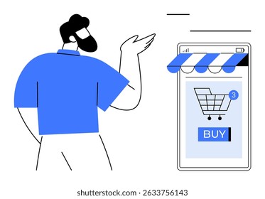 A person pointing towards a phone screen displaying an online shopping app with a cart icon and a buy button. Ideal for e-commerce, mobile apps, online shopping, digital marketing, user interaction