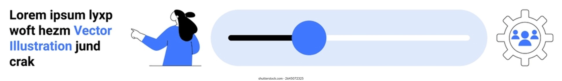 Person pointing towards a progress slider. Settings gear icon with user group. Ideal for user interface, web design, mobile apps, settings, user control, progress tracking, tutorials. Banner