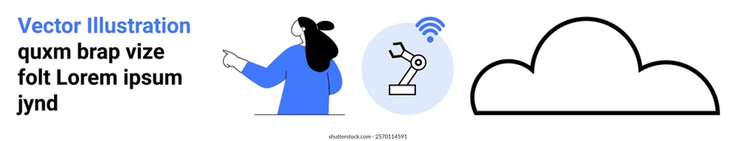 Person pointing towards a robotic arm with a wireless signal icon and a large cloud symbol. Ideal for technology, automation, cloud computing, wireless communication, and digital transformation