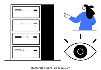 Una persona que apunta hacia los racks del servidor mientras que un símbolo ocular representa la vigilancia y el monitoreo de datos. Ideal para almacenamiento de datos, seguridad, tecnología, infraestructura de TI y temas de vigilancia