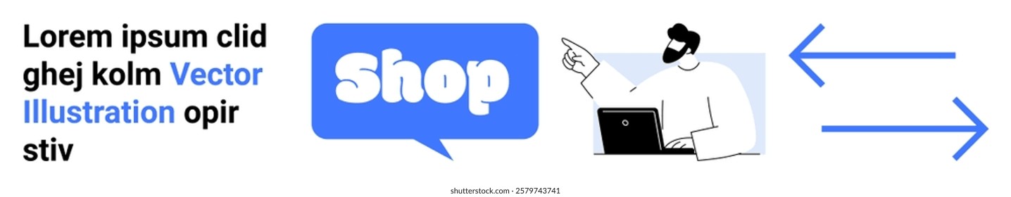 Person pointing towards a Shop button with navigation arrows indicating online shopping options. Ideal for e-commerce websites, landing pages, digital marketing, online stores and navigation