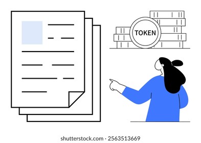 A person pointing towards stacked tokens and documents. Ideal for topics on blockchain, digital finance, tokens, business analysis, and cryptocurrency. Minimalist style