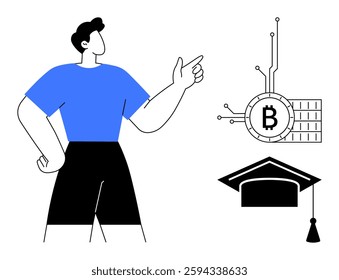 A person is pointing towards symbols of Bitcoin and a graduation cap. Ideal for blockchain, cryptocurrency education, financial literacy, digital currency, online learning. Minimalist style