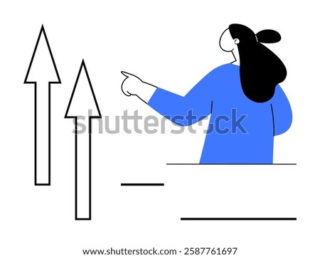 Person pointing towards upward arrows signifying growth and progress. Ideal for business motivation, personal development, financial growth, success, and goal setting concepts. Simple vector style in