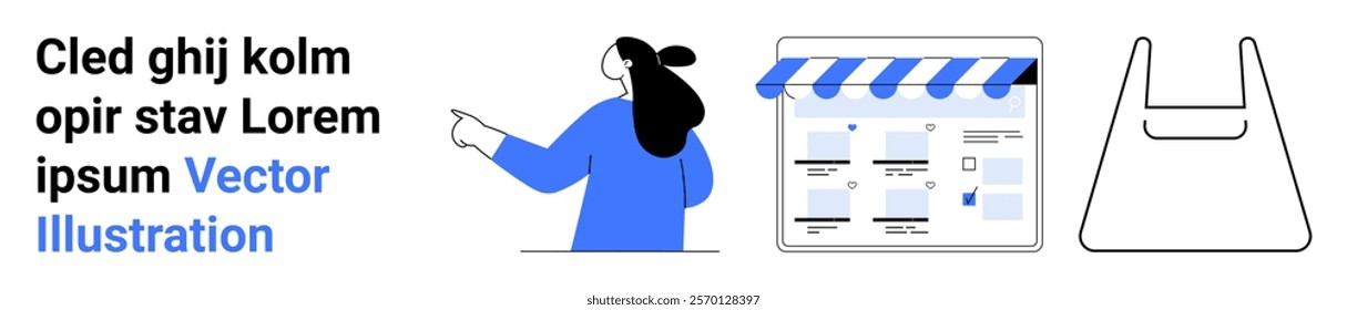 A person pointing towards a website interface and a shopping bag icon. Ideal for online shopping, user interaction, website design, e-commerce, digital marketing. Banner for landing page