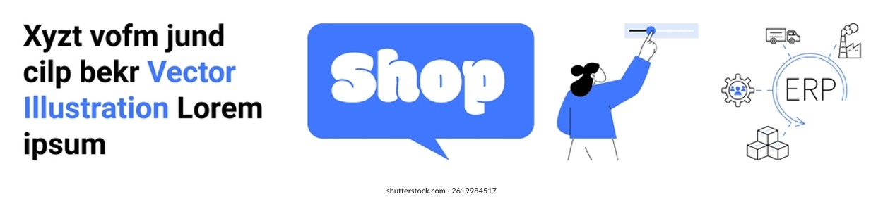 Uma pessoa apontando para a palavra Comprar em um balão de fala com ERP e ícone de engrenagens. Ideal para comércio eletrônico, soluções empresariais, estratégias de marketing, avanços tecnológicos, inteligência artificial