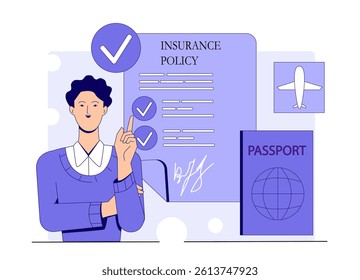 Person pointing at a travel insurance policy document, with passport and airplane icon, in a flat graphic style on a white background. Concept of travel safety. Vector illustration