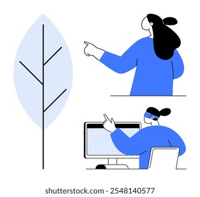 Person pointing at twig diagram and working on computer monitors. Ideal for design, creativity, digital art, technology, and education. Modern, minimalist style