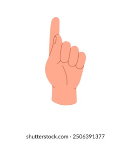 Person pointing upward icon. Hand gesture, index finger showing up. Raised forefinger indicates direction, route. Nonverbal communication, body language. Flat isolated vector illustration on white