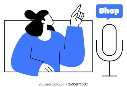 Person pointing upward, large microphone, and word Shop in speech bubble. Ideal for online shopping, e-commerce, digital communication, podcasts, advertising. Modern minimal flat design style