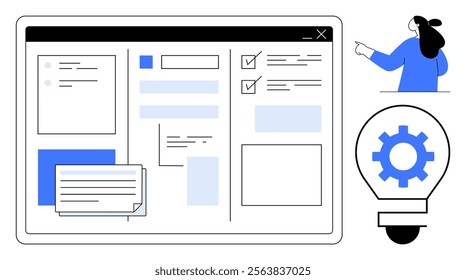 A person pointing to a user interface on a large screen, including checklists, text fields, and note cards. Ideal for project management, organization, productivity, task tracking, and idea