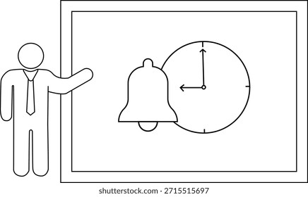 Person pointing to a whiteboard with a bell and clock drawn on it