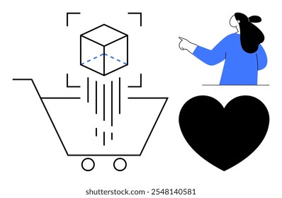 A person points to an augmented reality product above a shopping cart with a heart symbol. Ideal for online shopping, augmented reality, e-commerce, user engagement, and digital marketing. Minimalist