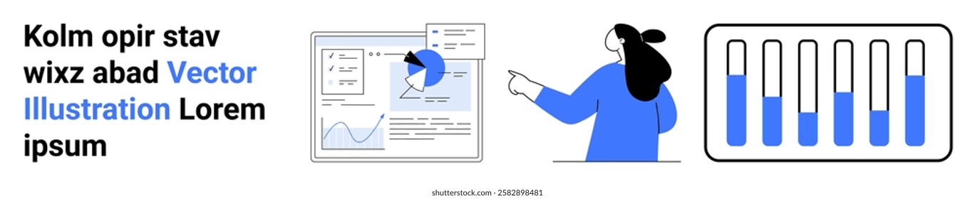 Person points at data on screen emphasizing analytics with blue color scheme and bar chart visuals, Ideal for data analysis UI design business strategy and presentations Banner for landing page