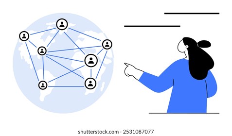 Uma pessoa aponta para um globo com nós interconectados representando conectividade global ou rede social. Ideal para tecnologia, comunicação, globalização, redes, trabalho em equipe. Moderno e mínimo