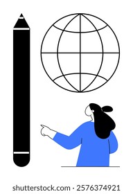 A person points to a globe and a large pencil suggesting global education and creativity. Ideal for themes like education, creativity, technology, global connectivity, and learning. Minimalist