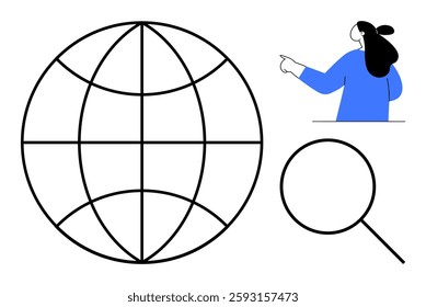 A person points at a globe and a magnifying glass beside them. Ideal for global search, exploration, research, internet browsing, networking. Simple modern flat style