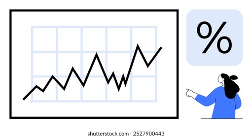 A person points at a growth chart with a prominent percentage sign. Ideal for financial analysis, business growth, data visualization, statistics, and market trends. Simple vector style