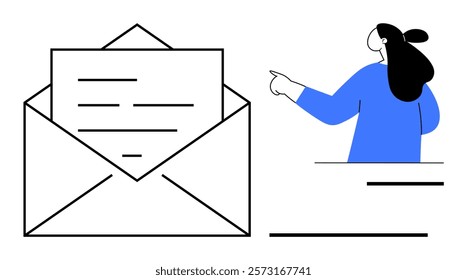 A person points to a large open envelope with a visible letter inside. Ideal for communication, email marketing, postal services, notifications, and digital correspondence. Simple, clean, modern