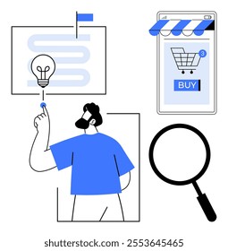 A person points at a light bulb, connected to e-commerce elements like a shopping cart and buy button, and a magnifying glass. Ideal for digital marketing, online shopping, innovation, business