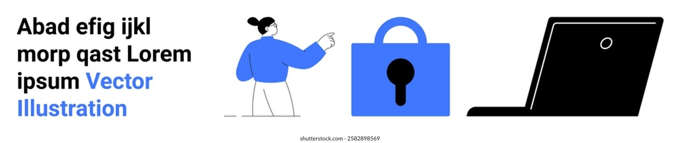A person points to a padlock symbol next to a laptop, highlighting cyber safety. Ideal for technology, security awareness, digital literacy, internet safety, and privacy education. Banner for landing