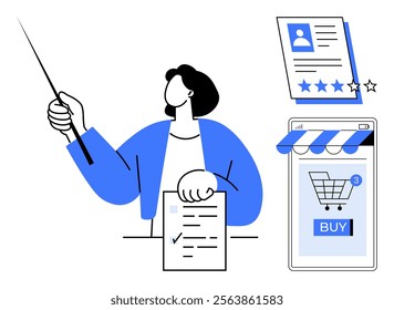 A person points to a profile, rating stars and an online shopping cart on a smartphone screen. Ideal for online education, e-commerce, digital marketing, customer reviews and online shopping themes