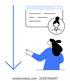 A person points to a profile window with text and a user avatar. Ideal for data management user interface design profiles online communication and information sharing. Minimalist line art style