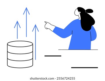 A person points to rising arrows symbolizing growth. Ideal for business analytics, data management, financial growth, business strategy, and visual data representation. Simple, minimalistic style