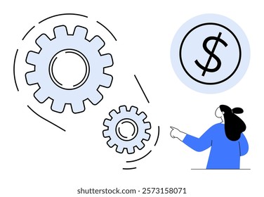 A person points at rotating gears and a dollar sign highlighting business concepts. Ideal for business, finance, process optimization, corporate strategy, and productivity themes. Simple vector style