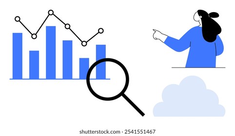 Una persona apunta hacia los gráficos de barras y líneas mientras que una lupa resalta el análisis de datos. Ideal para análisis de negocios, estadísticas, visualización de datos, investigación de mercado y análisis de tendencias