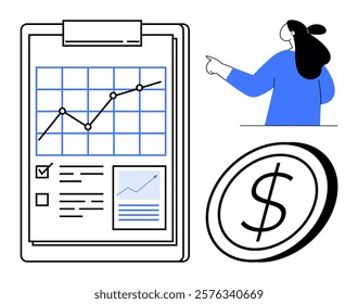 A person points towards a clipboard displaying a line graph and checklist, alongside a dollar sign icon. Ideal for financial planning, business reports, presentations, data analysis, corporate