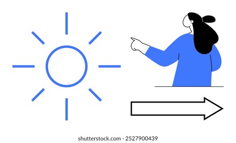 Una persona apunta hacia un sol radiante con una flecha que indica la dirección. Ideal para orientación, positividad, dirección, optimismo y temas de motivación. Estilo de Vector simple que enfatiza azul y negro