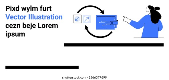 A person points at two synchronized elements, depicted with arrows around a blue card and digital symbols. Ideal for web development, data management, digital transformation, business solutions