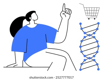 Uma pessoa aponta para cima ao lado de uma dupla hélice de DNA e um carrinho de compras. Ideal para ciência, pesquisa, comércio eletrônico, educação biológica e comportamento do consumidor. Estilo plano moderno com cores azuis e pretas