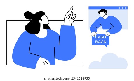 A person points upward, and a man holds a sign reading cashback. Ideal for advertising, promotions, ecommerce, financial services, and marketing. Flat style with bold blue and white elements