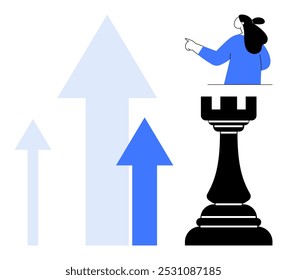 Person points at various blue growth arrows alongside a black chess rook. Ideal for business strategy, leadership, growth, success, and planning themes. Simple abstract style