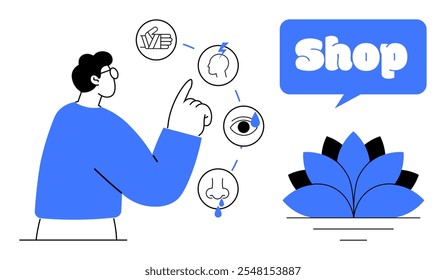 A person points at various sensory icons next to a shopping notification, with a lotus flower beneath. Ideal for e-commerce, retail, sensory marketing, online shopping, consumer behavior. Simple