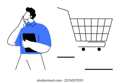 A person pondering while holding a tablet stands near a large shopping cart. Ideal for e-commerce shopping decision-making consumer behavior digital marketing and retail strategy discussions