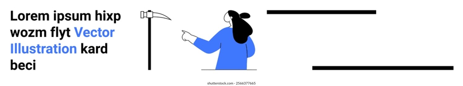 A person with a ponytail, dressed in blue, is pointing towards a hanging scythe. Black lines and placeholder text in different colors are present. Ideal for education, presentations, websites