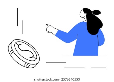 A person with a ponytail wearing a blue top points at a coin. Ideal for financial education saving money decision making investment strategies economic illustrations. Simple modern outline style