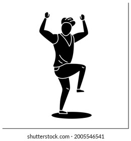  Person pose glyph icon. Man raised fist and one left leg up. Dancing. Satisfied. Looking directly.People poses concept. Filled flat sign. Isolated silhouette vector illustration
