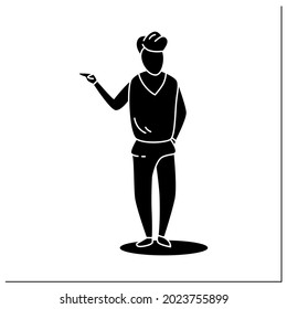 Person pose glyph icon  Man standing straight points to left  holds other hand in pocket  Looking directly People poses concept Filled flat sign  Isolated silhouette vector illustration