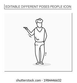 Person pose line icon  Man standing straight points to left  holds other hand in pocket  Looking directly People poses concept  Isolated vector illustration
