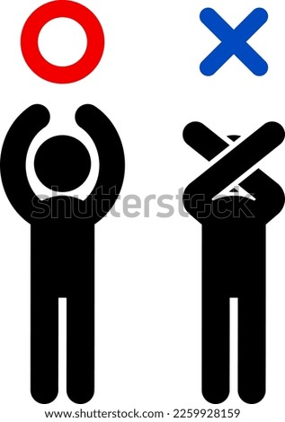 A person in a pose representing a circle and cross with both hands.