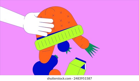 Person pouring food products out of hat 2D linear illustration concept. Carrying grocery goods in knitted clothes item cartoon scene background. Shopping bag metaphor abstract flat vector graphic