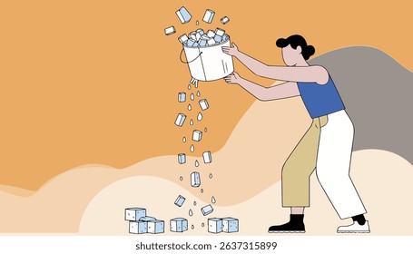 A person pours a bucket of ice cubes. Illustration with a simple, clean style and a warm color palette.
