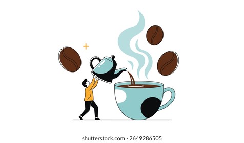 A person pours hot coffee from a teapot into a large cup surrounded by flying coffee beans creating a smoky effect