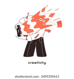 Person with powerful flow of creativity. Employee is in stream on creative thoughts, new ideas. Soft skill concept in contour style. Flat isolated outline vector illustration on white background