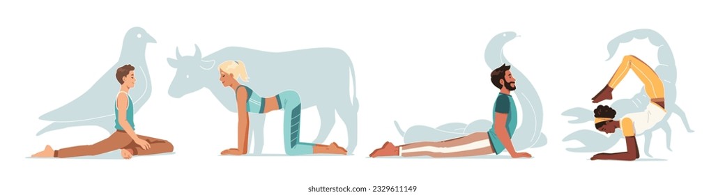 Person practicing animal yoga pose set. Men, women in pigeon, cow, cobra, scorpion asana positions collection. Yoga exercise, sport training, body health care, fitness concept flat vector illustration