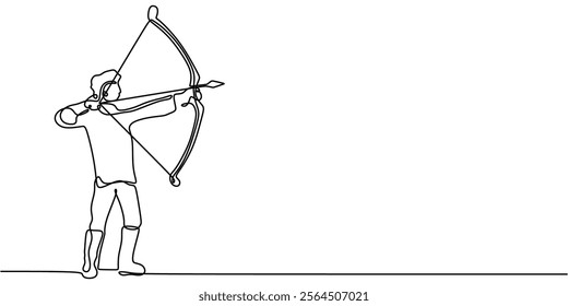 Person practicing archery, symbolizing focus, precision, and athleticism. One line drawing capturing the essence of archery. Vector illustration hand drawn.